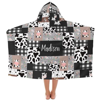 Yeshop Cow Print Patchwork Personalized Kids Hooded Bath Beach Towel,Beach Towel for Girls Birthday Kids Boys