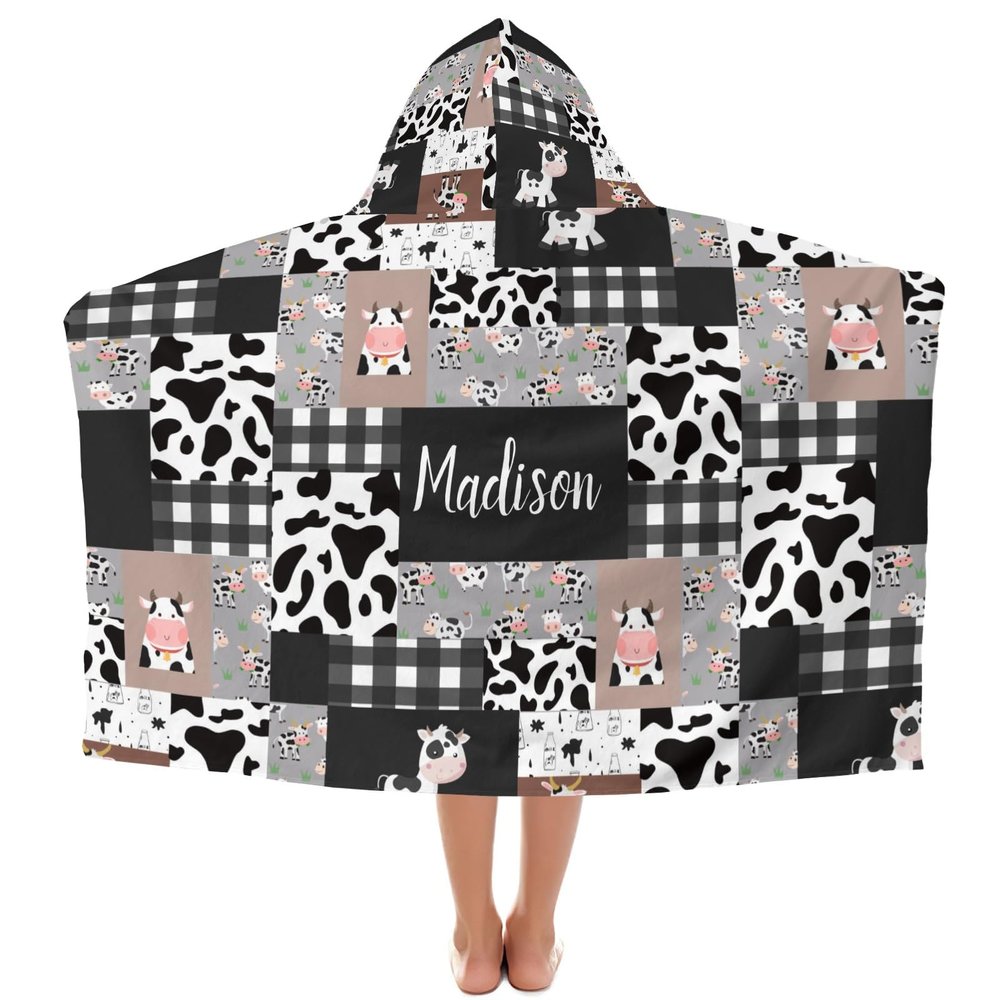 Yeshop Cow Print Patchwork Personalized Kids Hooded Bath Beach Towel,Beach Towel for Girls Birthday Kids Boys