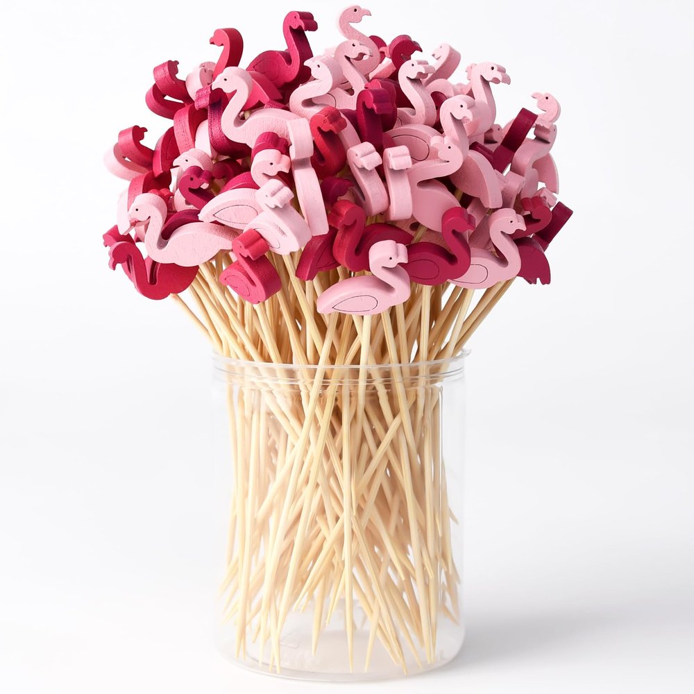 120 PCS Flamingo Cocktail Picks - 4.7-Inch Bamboo Toothpicks for Appetizers, Drinks, Luau, Hawaiian Beach, and Holiday Party Supplies