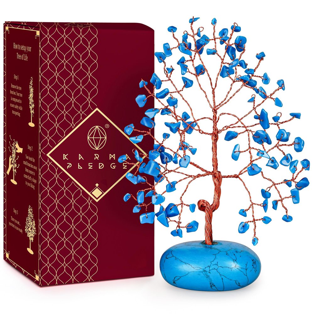 Turquoise Crystal Tree of Life Birthday Gifts for Women, Mom, Friends, Feng Shui Reiki Healing Chakra Tree for Positive Energy, Good Luck, Money, Handmade Aesthetic Home Office Desk Room Table Decor
