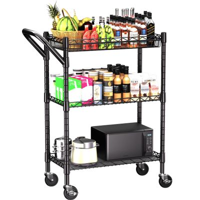 3 Tier Heavy Duty Rolling Utility Cart,18" D x 23.8" W x 36.6" H Rolling Carts with Wheels,Commercial Grade Metal with Handle Bar & Shelf Liner,Trolley Serving Storage Cart for Kitchen Black