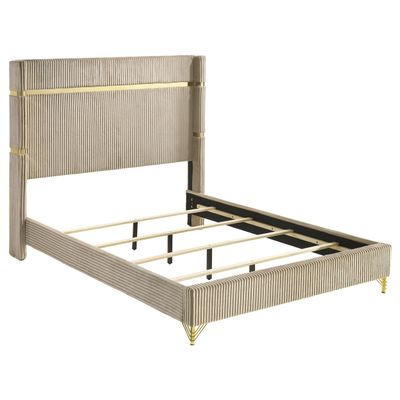 Coaster Home Furnishings - Lucia - Wood - Wingback Queen Panel Bed with Gold Trim Accents and Vertical Fluted Upholstery - Bedroom - Beige - 224731Q