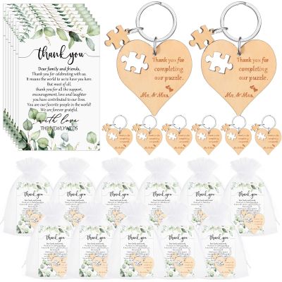 Seeloowy 100 Sets Wedding Souvenir for Guests Includes Wood Heart Puzzle Keychain Cards and Gift Bags Rustic Wedding Favors for Guests