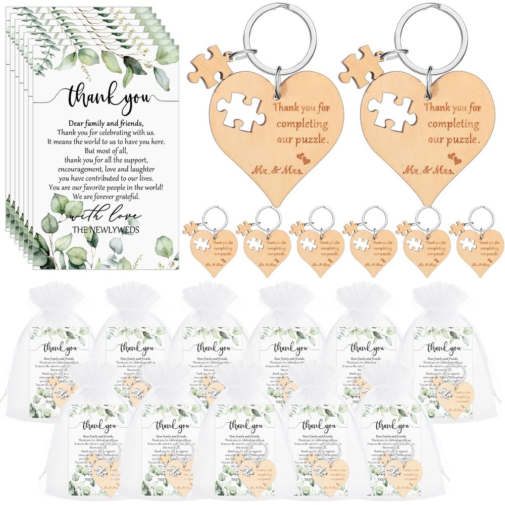 Seeloowy 100 Sets Wedding Souvenir for Guests Includes Wood Heart Puzzle Keychain Cards and Gift Bags Rustic Wedding Favors for Guests