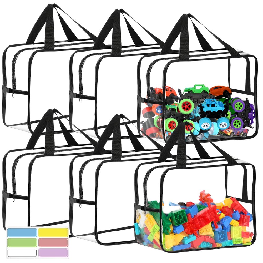 6 Packs Widen X-Large Toy Storage Bags 12.69.256.9In with Labels, Reusable Clear PVC Board Game Storage, Travel Waterproof Organizer Bags with Zipper for Building Blocks, Puzzle, Stuffed Animals