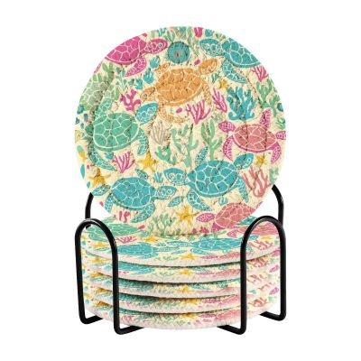 ALAZA Colored Sea Turtle Coral Reef 6 Pcs Drink Coasters with Holder Absorbent Round Woven Coaster Set for Home Decor Bar Tabletop Cups