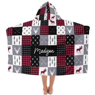 Yeshop Buffalo Plaid Deer Woodland Personalized Kids Hooded Bath Beach Towel,Beach Towel for Girls Birthday Kids Boys