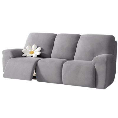 Huierxun 8-Piece Soft Velvet Recliner Sofa Slipcover Stretch Fitted 3 Seats Couch Cover Washable Furniture Protector with Elastic Bottom for Dog,Kids (Light Grey, 3 Seater)