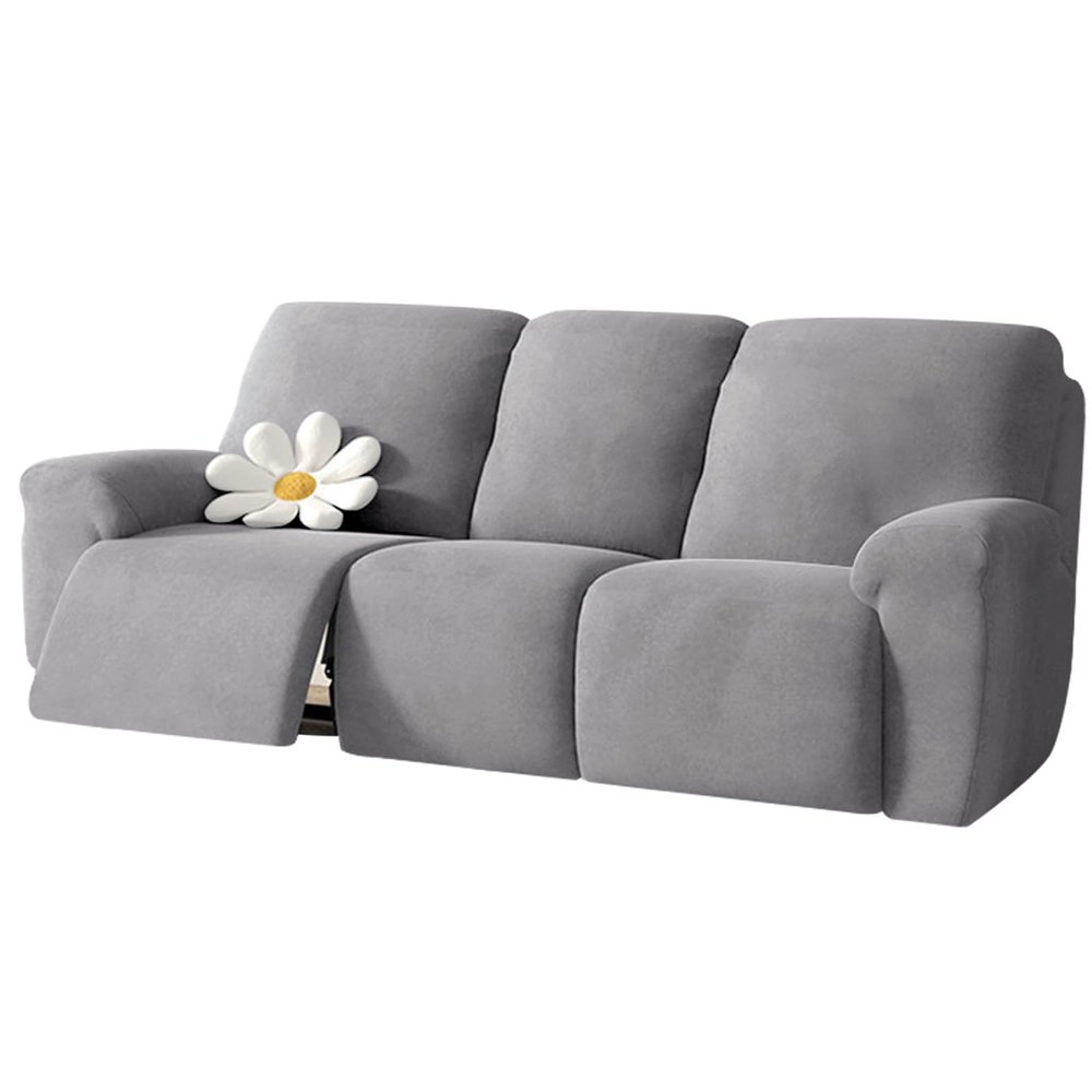 Huierxun 8-Piece Soft Velvet Recliner Sofa Slipcover Stretch Fitted 3 Seats Couch Cover Washable Furniture Protector with Elastic Bottom for Dog,Kids (Light Grey, 3 Seater)