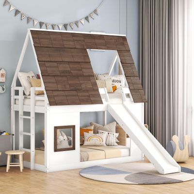 Bellemave Bunk Bed Twin Over Twin with Slides and Stairs, House Bunk Bed with roof for Kids, Teens, White+Brown