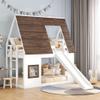 Bellemave Bunk Bed Twin Over Twin with Slides and Stairs, House Bunk Bed with roof for Kids, Teens, White+Brown view 1