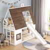 Bellemave Bunk Bed Twin Over Twin with Slides and Stairs, House Bunk Bed with roof for Kids, Teens, White+Brown view 3