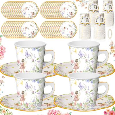 Umigy 60 Sets Tea Party Decorations 6.5 oz Fairy Floral Paper Tea Cups with Handle and Plates Disposable Blossom Teacups and Saucers Sets with Tape for Birthday Hot Cold Drink (Floral,6.5 oz,Blue)