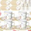 Umigy 60 Sets Tea Party Decorations 6.5 oz Fairy Floral Paper Tea Cups with Handle and Plates Disposable Blossom Teacups and Saucers Sets with Tape for Birthday Hot Cold Drink (Floral,6.5 oz,Blue) view 1