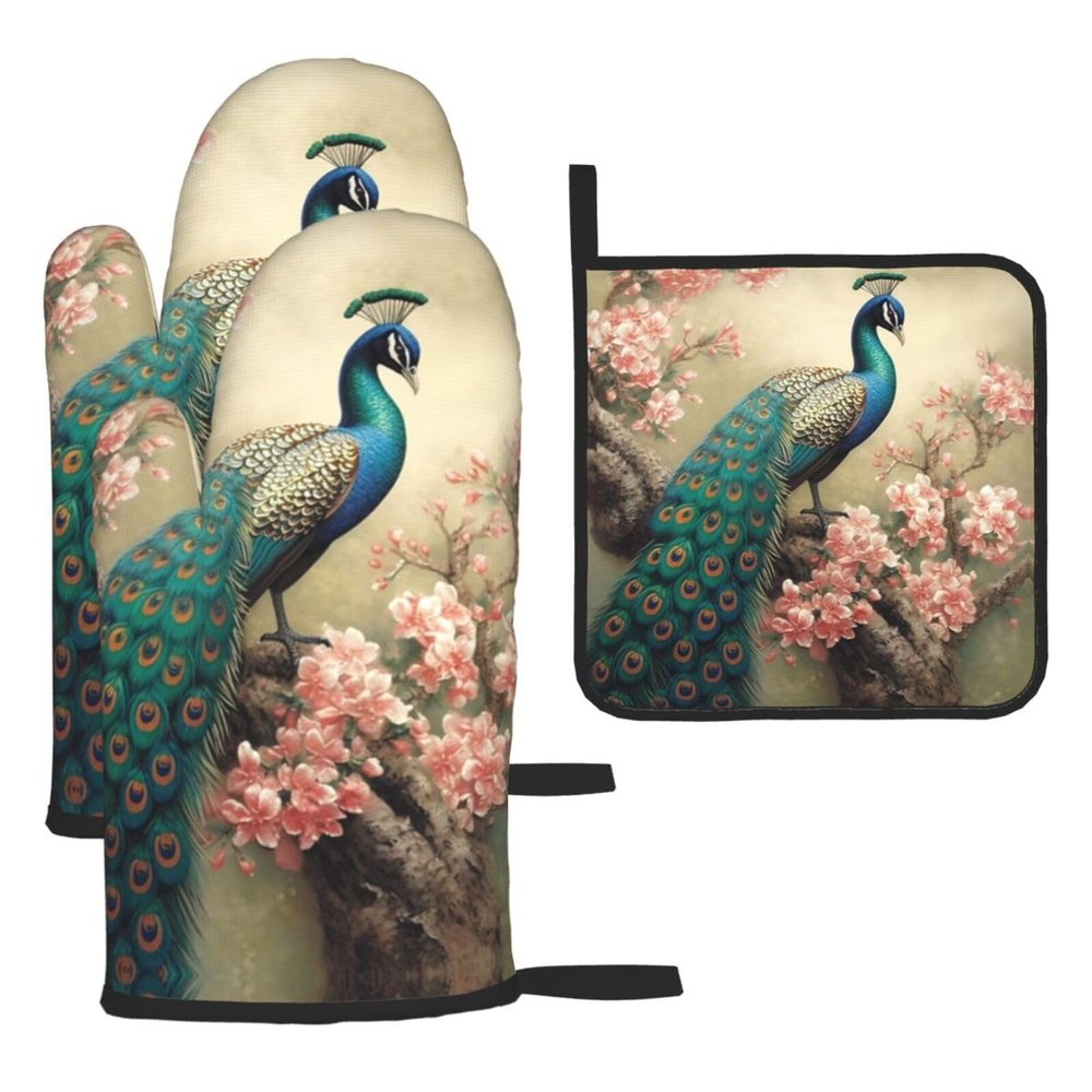 Oven Mitts and Pot Holders Set of 3 Kitchen Oven Gloves Heat Resistant Potholders Non-Slip Hot Pads Oriental Peacock Oven Mits for Cooking Baking Grilling