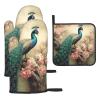 Oven Mitts and Pot Holders Set of 3 Kitchen Oven Gloves Heat Resistant Potholders Non-Slip Hot Pads Oriental Peacock Oven Mits for Cooking Baking Grilling view 1