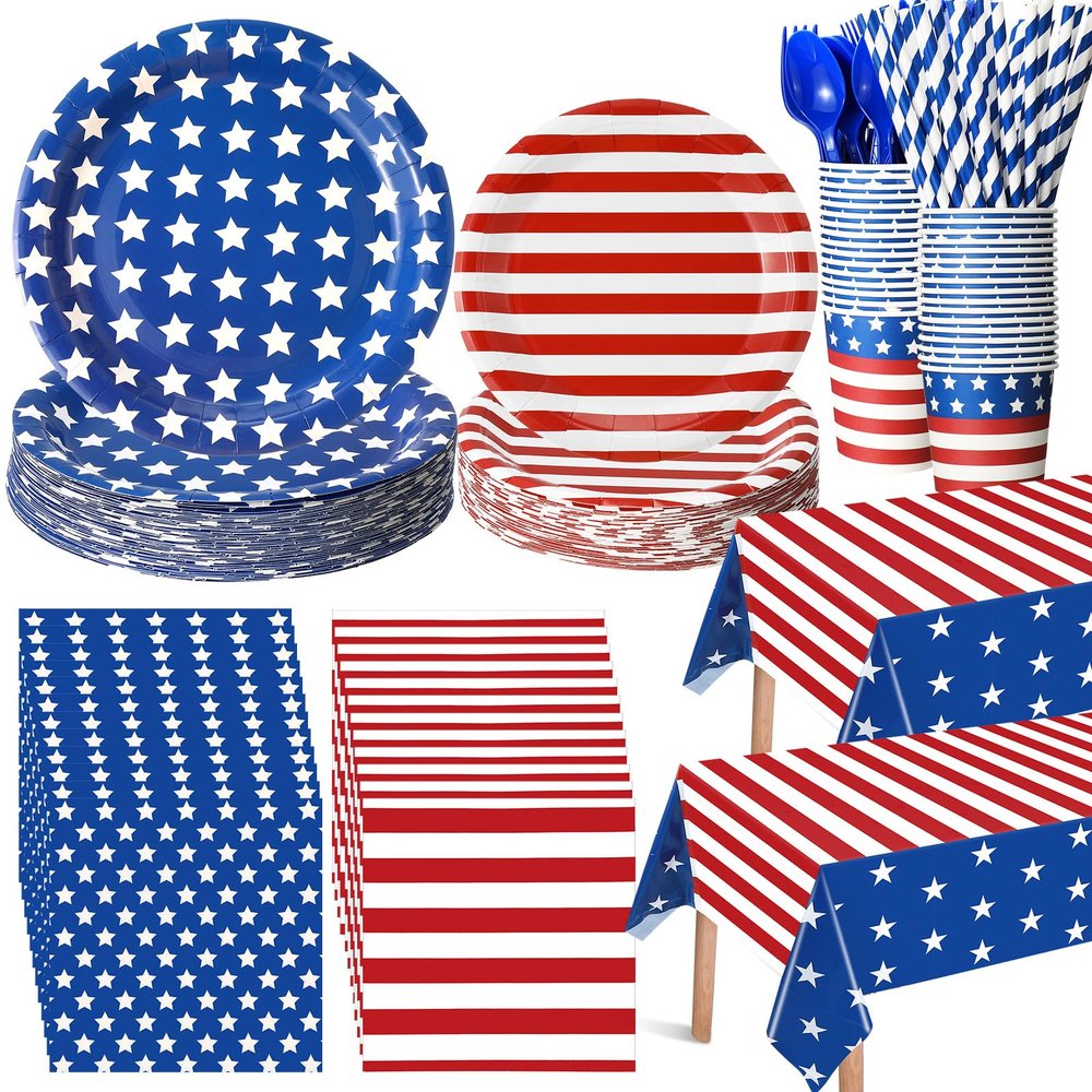 Funnymoom 452 Pcs Patriotic Paper Plates Napkins Cups Set Party Supplies