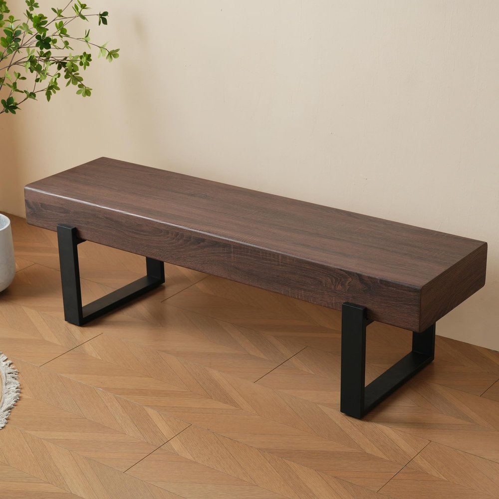 CASAXOHI Wooden Dining Bench with Metal Frame,59" Dining Farmhouse Indoor Kitchen Table, Bed, Industrial Shoe, Entryway Benches, Dark Walnut Wash,Bench Seating for Dining Room Living Room Entryway