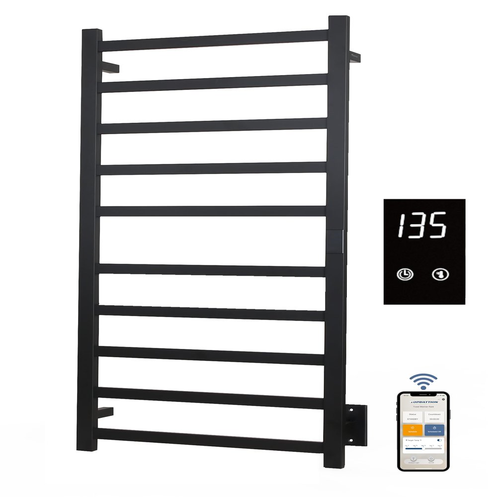 Topdattion Smart Wireless Electric Towel Warmer | Blade Thin 10 Bar Design | Hardwired & Plug-in | Alexa & Google Home Compatible | Matte Black Finish