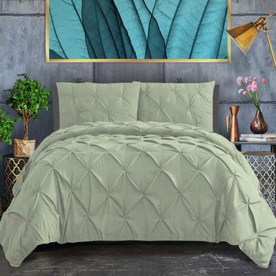 100% Egyptian Cotton 1-Piece Pinch Pleated Duvet Cover 800 Thread Count with Zipper & Corner Ties Pintuck Decorative Duvet Cover- Super King Plus Size (120" x 120") Inch, Sage Solid