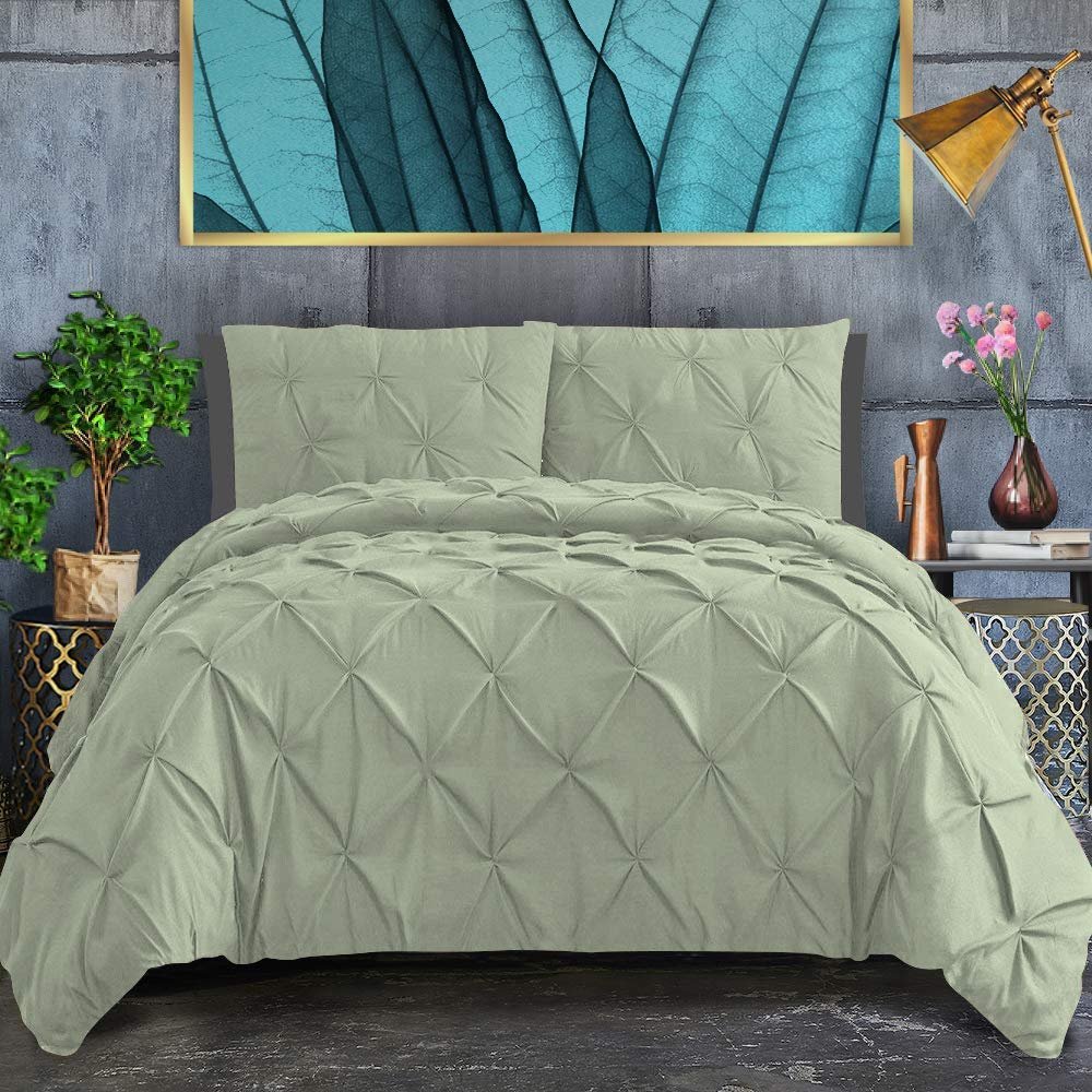 100% Egyptian Cotton 1-Piece Pinch Pleated Duvet Cover 800 Thread Count with Zipper & Corner Ties Pintuck Decorative Duvet Cover- Super King Plus Size (120" x 120") Inch, Sage Solid