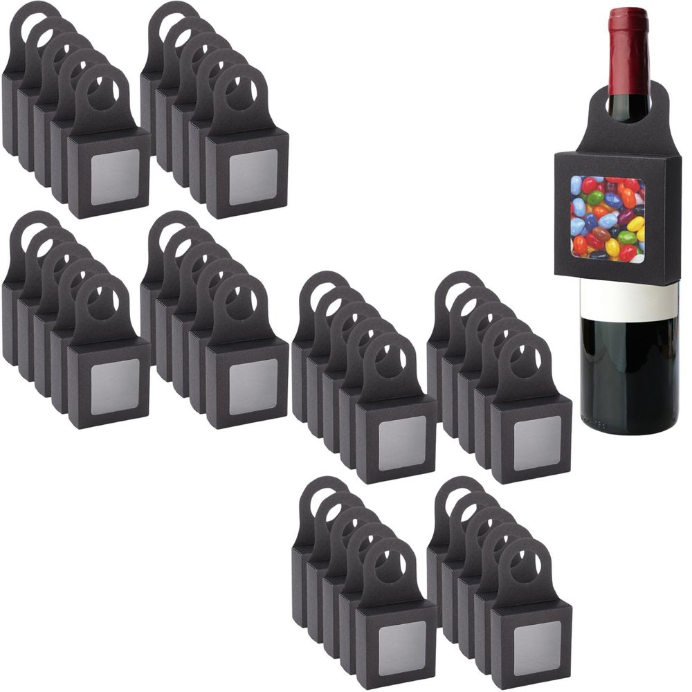 50 Pcs Kraft Paper Wine Bottle Box with Window, Hanging Foldable Gift Boxes Wine Boxes Paper Wine Bottle Hanger for Gifts Empty Wine Bottles for Decoration Bottle Hanger Favor Box (Black)