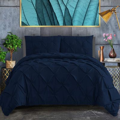 100% Egyptian Cotton 1-Piece Pinch Pleated Duvet Cover 800 Thread Count with Zipper & Corner Ties Pintuck Decorative Duvet Cover- Super King Plus Size (120" x 120") Inch, Navy Blue Solid