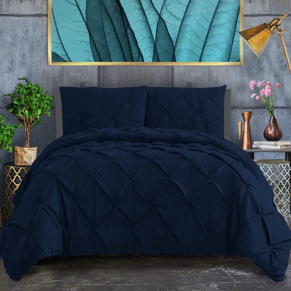 100% Egyptian Cotton 1-Piece Pinch Pleated Duvet Cover 800 Thread Count with Zipper & Corner Ties Pintuck Decorative Duvet Cover- Super King Plus Size (120" x 120") Inch, Navy Blue Solid