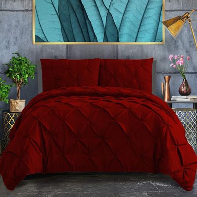 100% Egyptian Cotton 3-Piece Pinch Pleated Duvet Cover 800 Thread Count with Zipper & Corner Ties Pintuck Decorative Duvet Cover- Super King Plus Size (120" x 120") Inch, Burgundy Solid