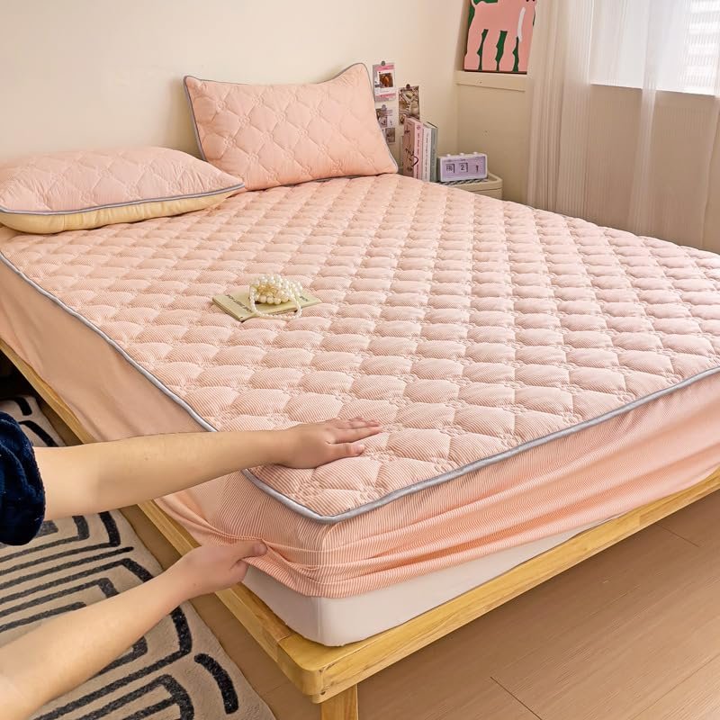 FCLDESHOP Bottom Sheets,Thick Quilted Brushed Mattress Protector, Bedroom Hotel Homestay Vacation Home Solid Color Non-Slip Bed Sheets,Pink,90 * 200cm (1pcs)