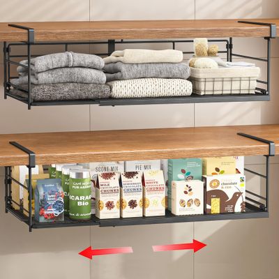 SHINEWON Expandable Under Cabinet Shelf, Extendable Under Shelf Storage with Removable Wire-Like Back for Pantry Cabinet, Laundry Room, Shoe Rack. (Black, 2 Pack, Interior: 5" H x 10" D)