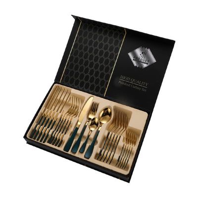 ONUIFIKE Silverware Set, 24-piece Green Gold Household Stainless Steel Cutlery Set Steak Knife Fork And Spoon Gift Box, Home Cutlery Flatware Set (Color : Green Gold, Size : 24pcs)
