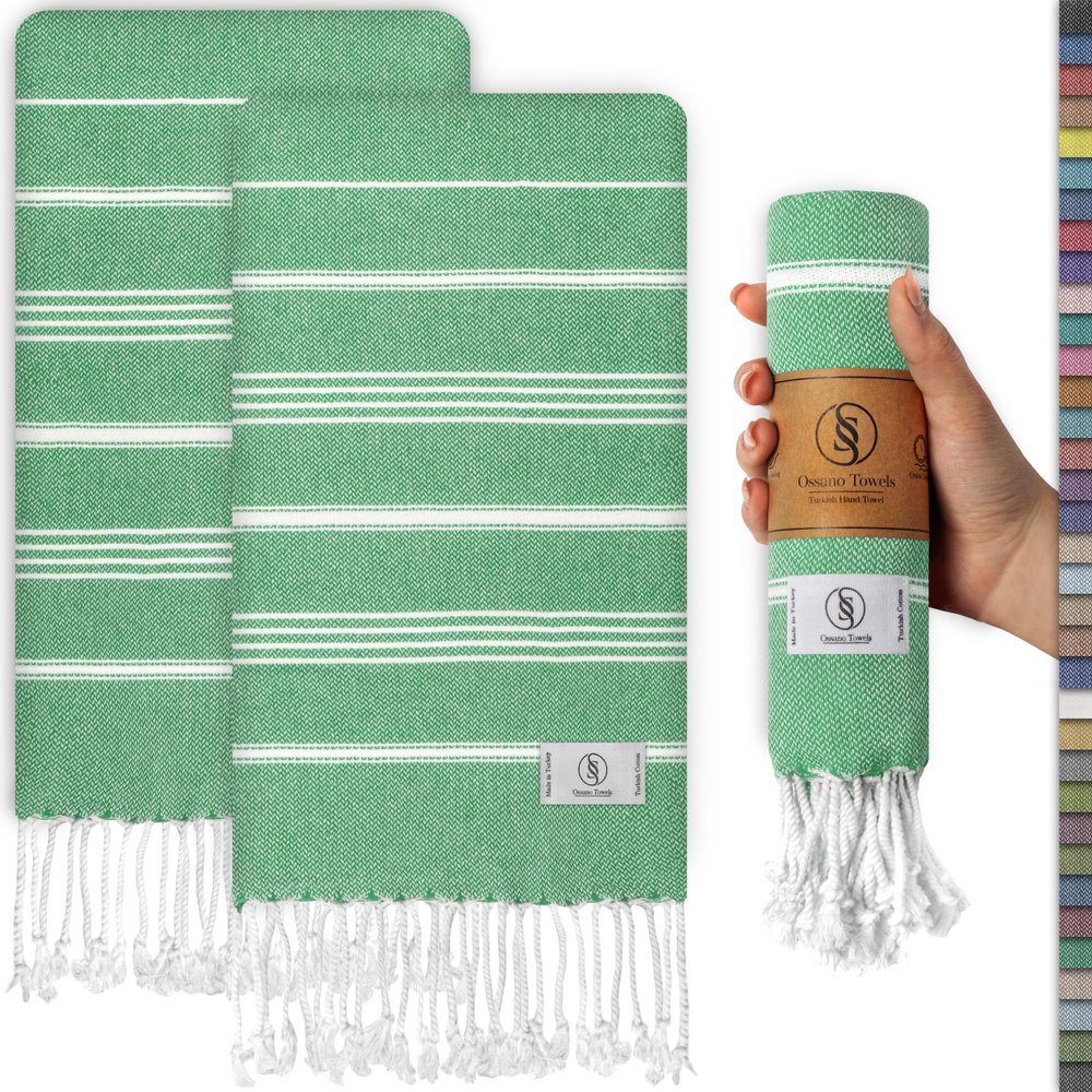 Ossano Decorative Turkish Hand Towels - Thin & Quick Dry - Set of 2 (30" x 18") - for Kitchen & Bathroom - Multifunctional as - Bath Hand Towels for Bathroom, Powder Room Towel - Sea Green