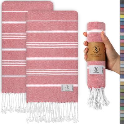 Ossano Decorative Turkish Hand Towels - Thin & Cute - Set of 2 (30" x 18") - for Kitchen & Powder Room - Multifunctional as - Western Hand Towels, Bathroom Hand Towel, Kitchen Dish Cloths - Coral
