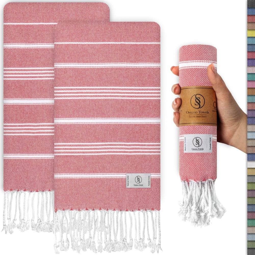 Ossano Decorative Turkish Hand Towels - Thin & Cute - Set of 2 (30" x 18") - for Kitchen & Powder Room - Multifunctional as - Western Hand Towels, Bathroom Hand Towel, Kitchen Dish Cloths - Coral