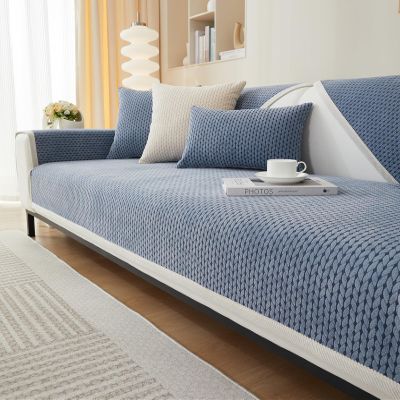 Huierxun Striped Jacquard Sofa Cover with White Border Soft Chenille Couch Cover Anti-Slip Washable Sofa Slipcover Furniture Protector for Kids, Pets (Blue A,36''x70'')