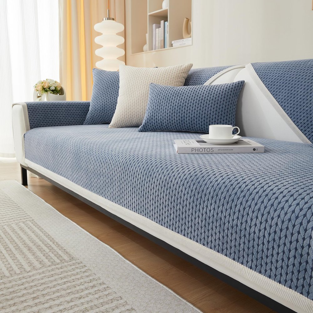 Huierxun Striped Jacquard Sofa Cover with White Border Soft Chenille Couch Cover Anti-Slip Washable Sofa Slipcover Furniture Protector for Kids, Pets (Blue A,36''x70'')