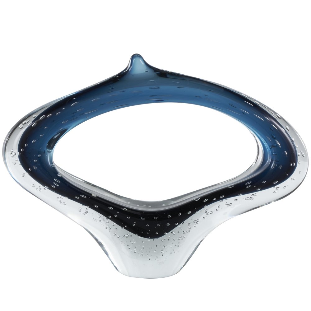 Deco 79 Glass Abstract Decorative Sculpture Cutout Oval Ombre Home Decor Statue with Bubble Texturing and Clear Accents, Accent Figurine 16" x 4" x 11", Dark Blue