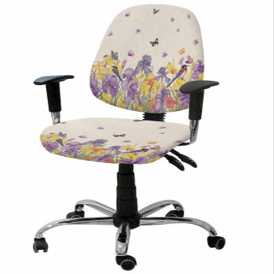 Purple Yellow Flower Office Chair Cover Stretchable Computer Chair Seat Cover Backrest Slipcovers, Stretchable Rotating Desk Chair Seat Cushion Split Protectors Spring Botanical Blossom Floral