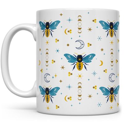 Celestial Bee Pattern Ceramic Coffee Mug, Honeycomb Moon Stars Tea Cup, Gift for Women Friend Coworker (11oz)
