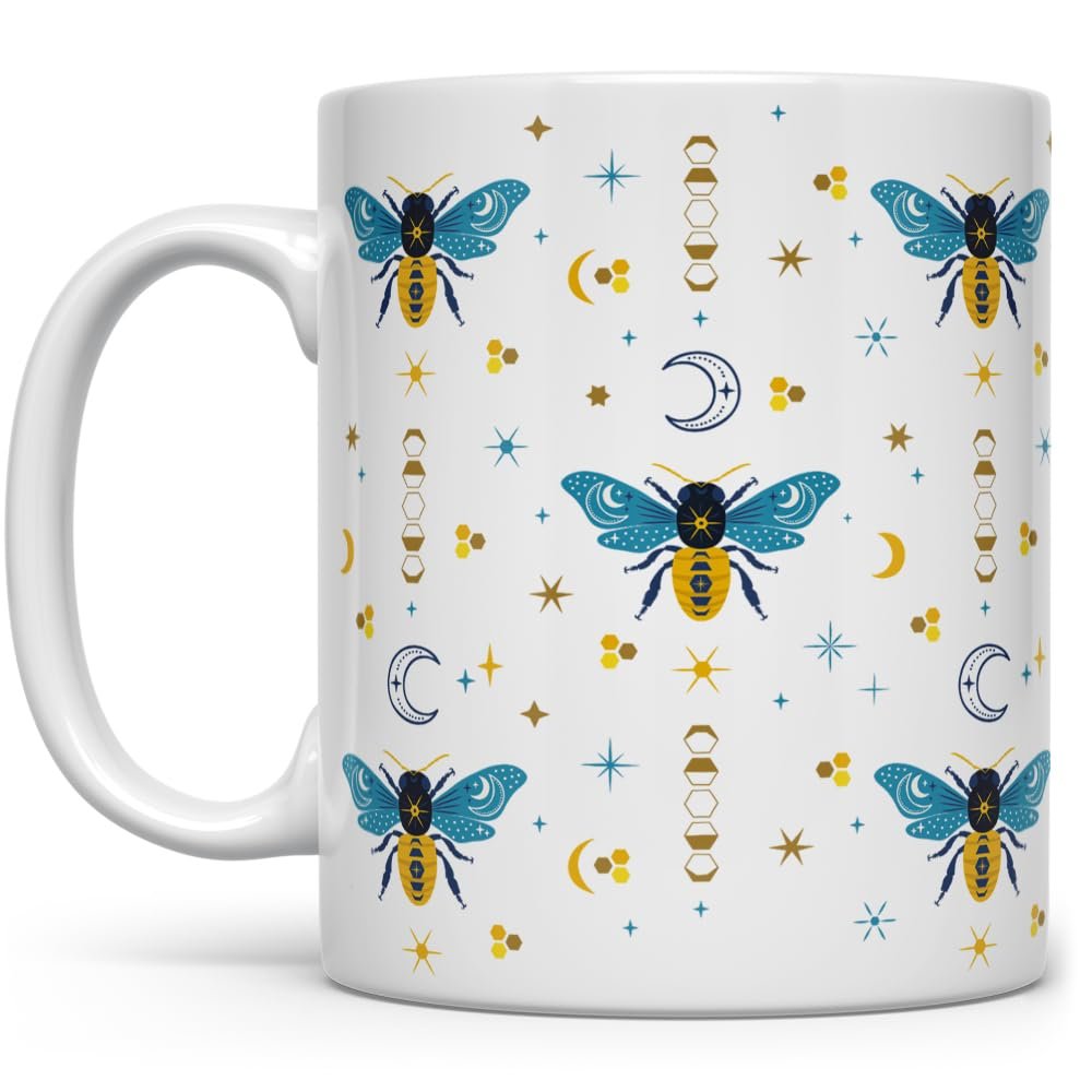 Celestial Bee Pattern Ceramic Coffee Mug, Honeycomb Moon Stars Tea Cup, Gift for Women Friend Coworker (11oz)