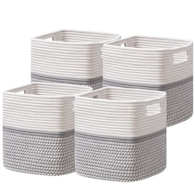Dreamcountry 13x13 Cube Storage Bins, Storage Cubes with Handles, 4 Pack Cotton Rope Basket for Shelves, Cube Storage Organizer forToys, Book, Clothes, Home, Office, Nursery, Grey