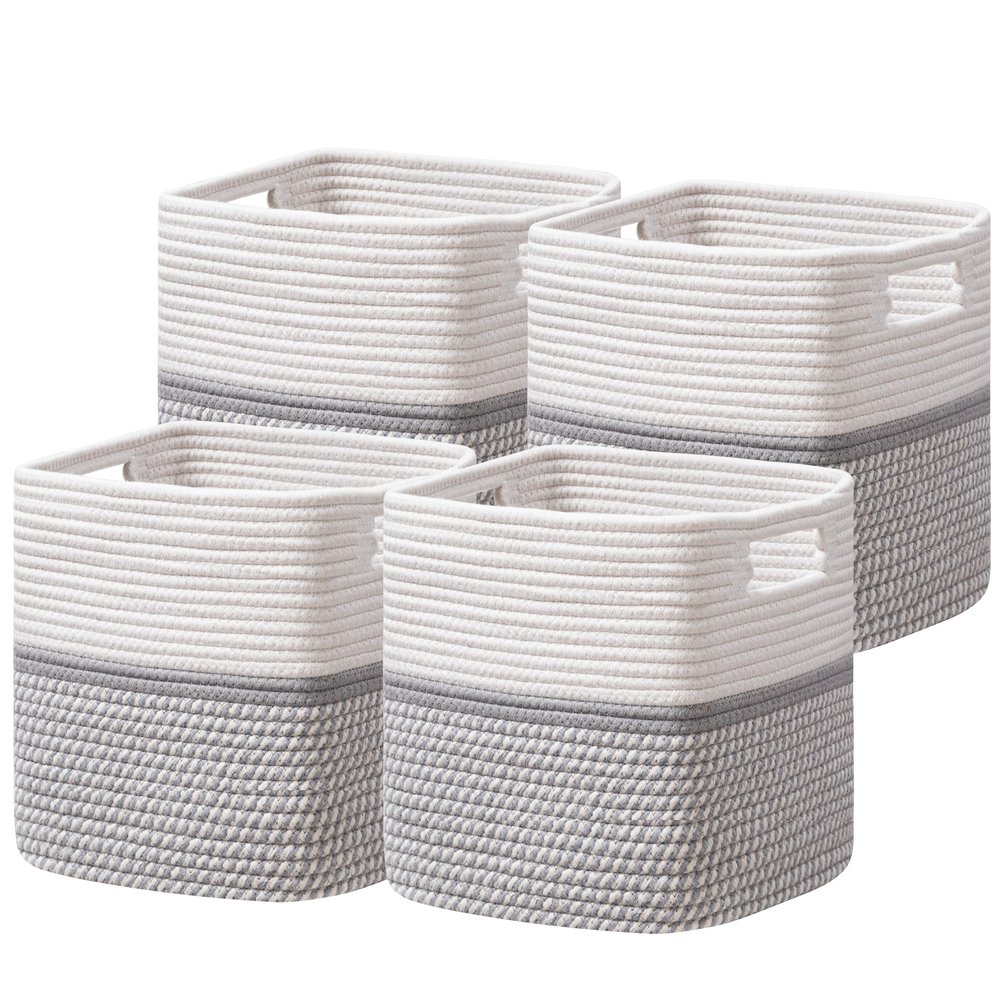Dreamcountry 13x13 Cube Storage Bins, Storage Cubes with Handles, 4 Pack Cotton Rope Basket for Shelves, Cube Storage Organizer forToys, Book, Clothes, Home, Office, Nursery, Grey
