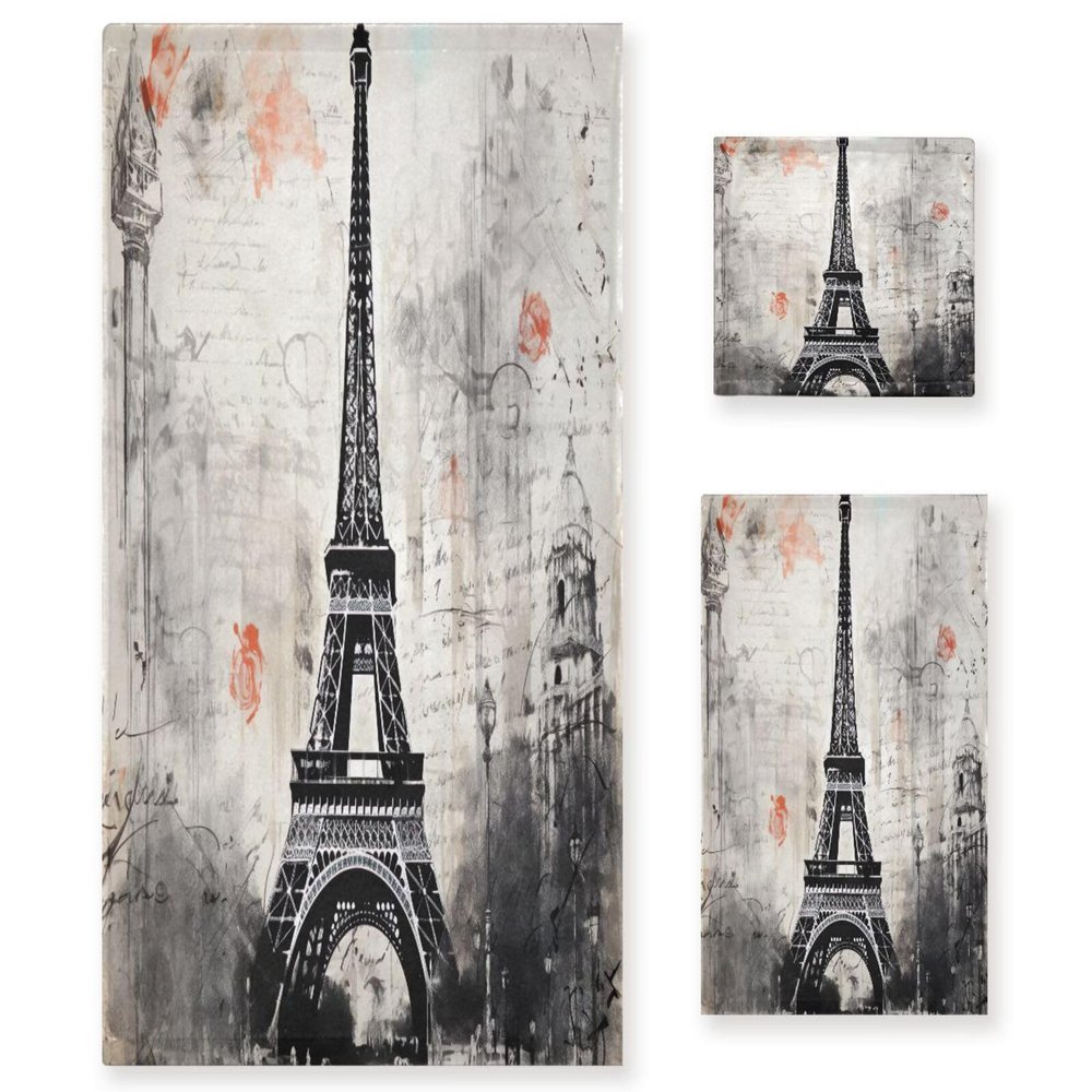 BOESI Graffiti Black and White Tower Pattern 3 Piece Towel Set, Bath Towel Set, Soft and Comfortable, Absorbent, Suitable for Home, Hotel, Beach, Travel, Sports