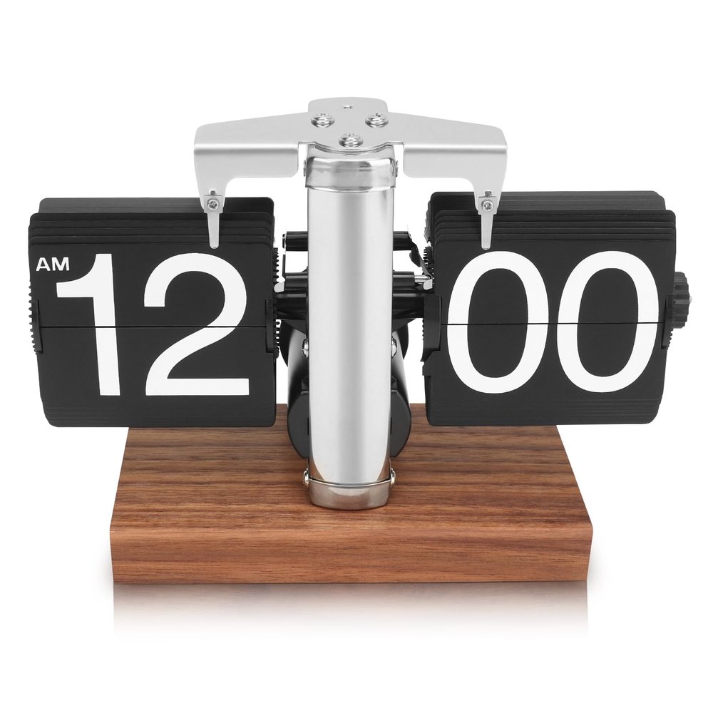 Retro Flip Clock, Automatic Retro Clock 12 Hours Modern Digital Mechanical with Wooden Base Retro Clock for Home, Office, Restaurant (Stainless Steel Black)