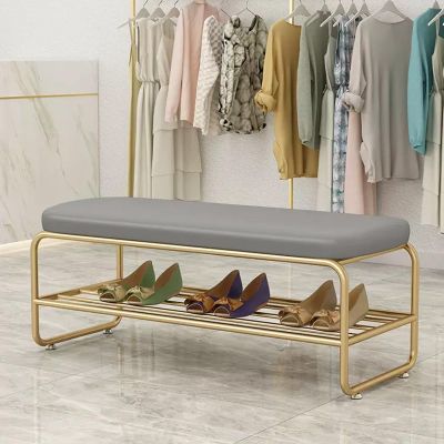 TRUNXUCL Iron Frame Shoe Bench, 2 Tier Shoe Rack with Soft Cushion, Multifunctional Bedside Stool Furniture, for Living Room, Hallway, Clothing Store, Load Capacity 200kg/440lb (Color : Gray+Gold, S