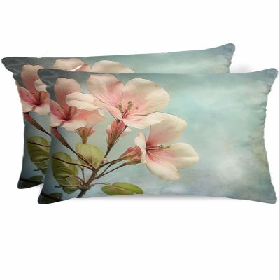 Spring Standard Pillowcase Set of 2, Flower Bud Green Leaves Watercolor Style Satin Pillow Case Cover with Smooth Hidden Zipper Closure, Soft Throw Pillow Covers Cases for Home Decor 20 X 26 Inches