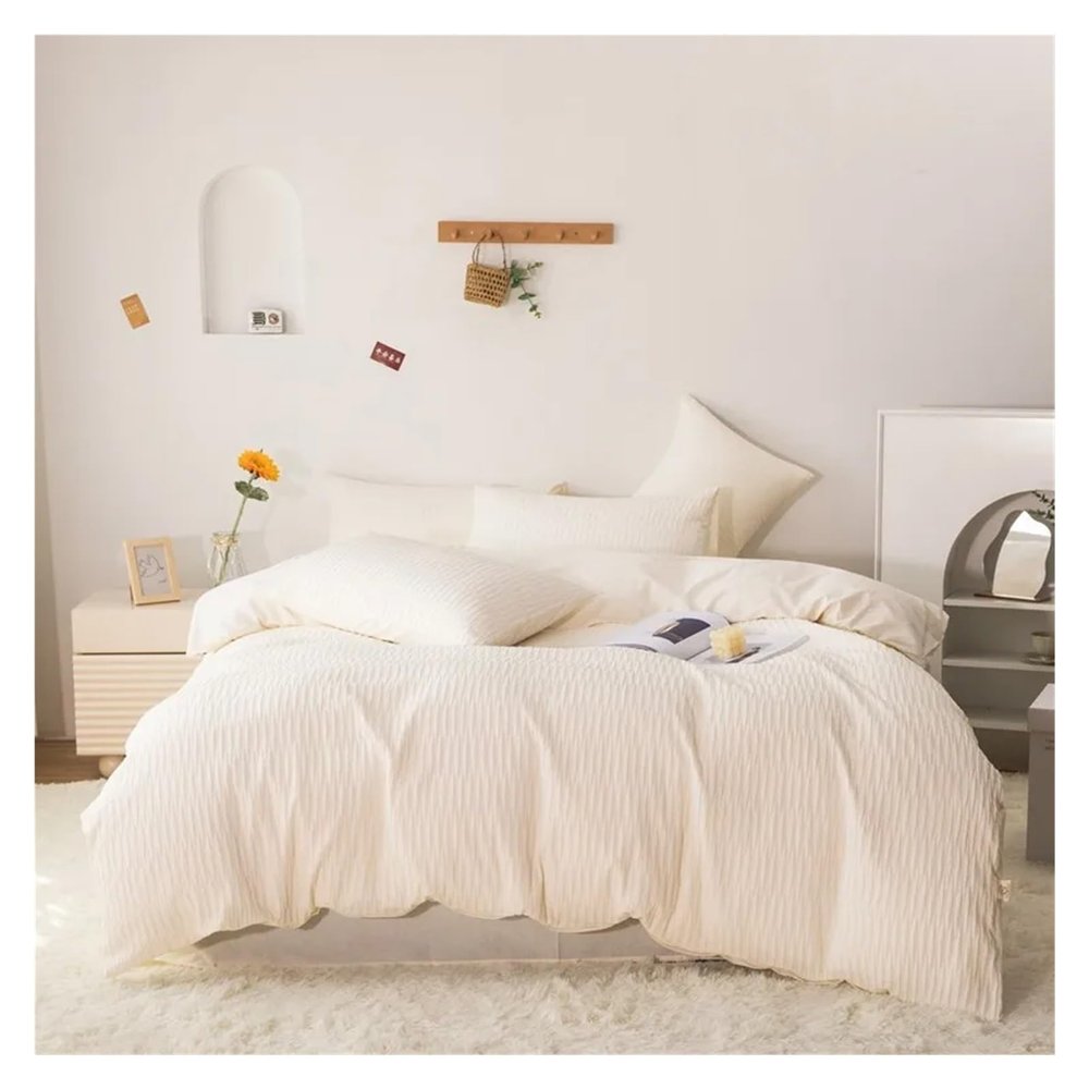 ADovz 4Pcs Twin Double Queen Family Duvet Cover Set Seersucker Textured Washed Cotton Ultra Soft Comforter Cover Bed Sheet Pillowcases,Bed Sheets