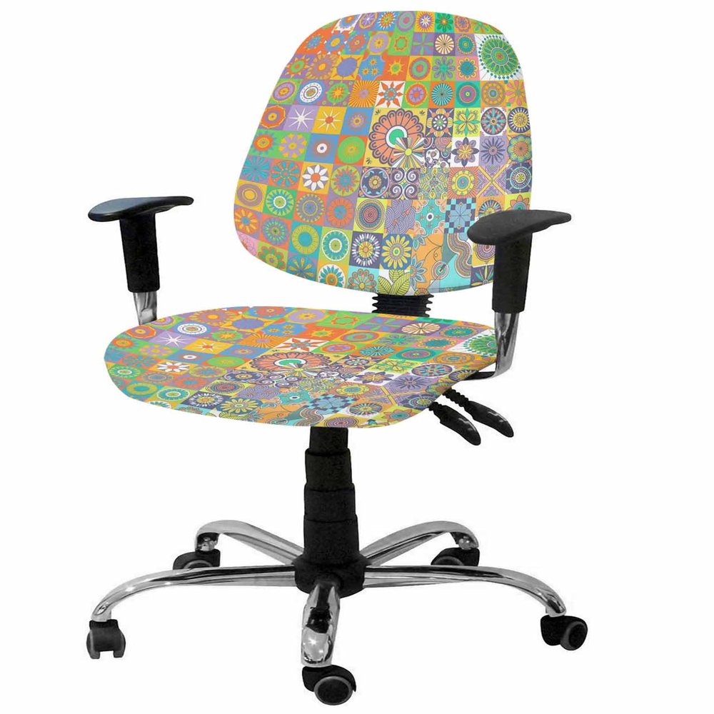 Geometric Boho Flower Office Chair Cover Stretchable Computer Chair Seat Cover Backrest Slipcovers, Stretchable Rotating Desk Chair Seat Cushion Split Protectors Tribal Ethnic Bohemian Colorful