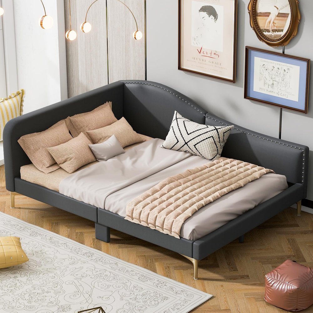 SOFTSEA Full Size Upholstered Daybed, Mid Century Daybed with One Arm & Back for Living Room, Bedroom, Guest Room, Heavy-Duty Slat Support, Grey